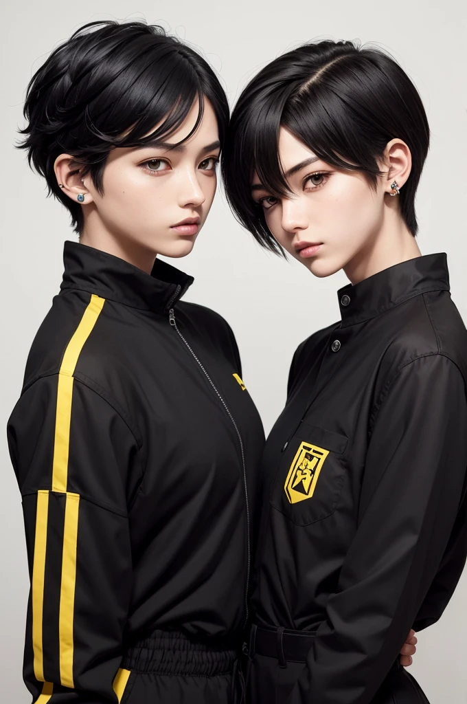 Artstyle Boku and Hero, androgynous gender, blackquality hair, short-hair, yellow  eyes, Uniforme sensual, unifrome moderno, outlined in the eyes, simple silhouette, piercing in your lips, ear piercing, side shaved hair