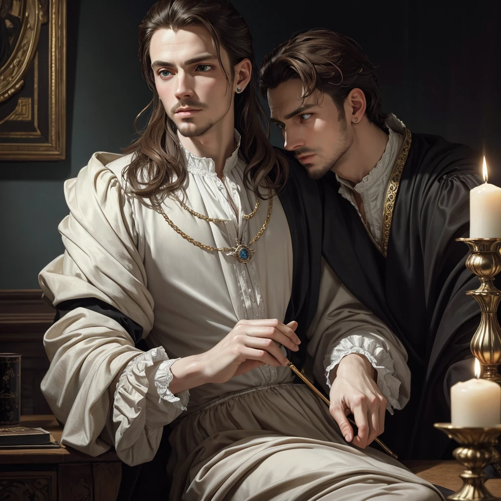 Portrait of Christopher Marlowe, white skin, piercing icy blue eyes, silky golden-brown hair, refined features, charp jawline, clean shaved, Elizabethan clothes, black Elizabethan velvet jerkin, white laced shirt, soft light, elegant, gently dangerous man, candlelight, chiaroscuro, masterpiece, oil painting, oil on canvas, Renaissance, Caravaggio style, realism, high quality