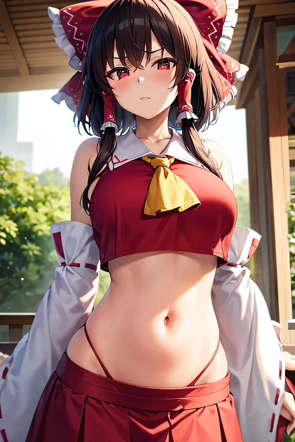 super fine illustration, vibrant colors, masterpiece, sharp focus, best quality, depth of field, cinematic lighting, ultra detailed, blush, belly button, navel, tummy, shrine maiden, hakurei reimu, 1girl, hair bow, ascot, hair tubes, detached sleeves, looking down, red shirt, red skirt, very long hair, dark brown hair, outdoors, mature woman, ,hakurei reimu, 1girl, hair bow, ascot, hair tubes, miko, detached sleeves, Reimu Hakurei, stomach, annoyed, catwalk (modeling), curly hair, large breasts