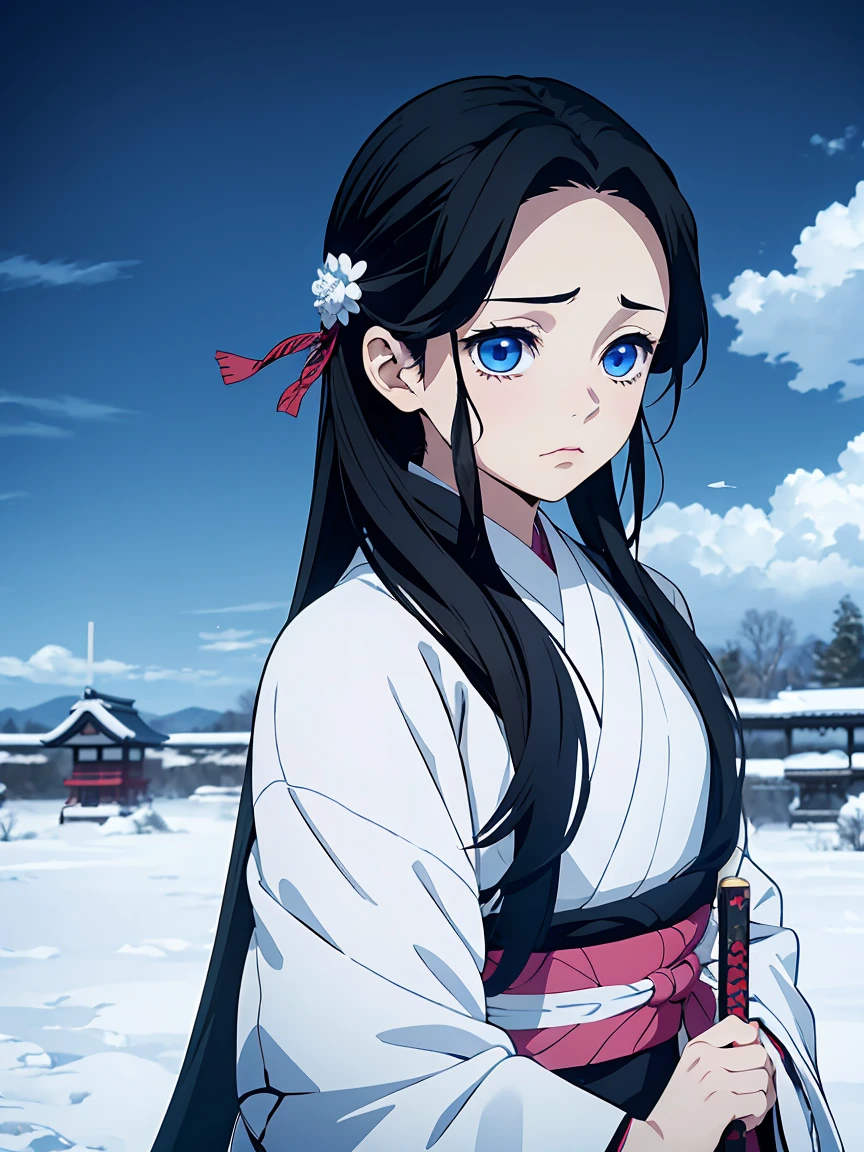 Kimetsu no yaiba style, 1girl,  girl, blue eyes, beautiful girl, black long straight hair, pillar demon slayer, 1 japanese sword, blue , dark and snowy background, face closed up, white kimono,  (japanese blue cloud pattern haori), sad face