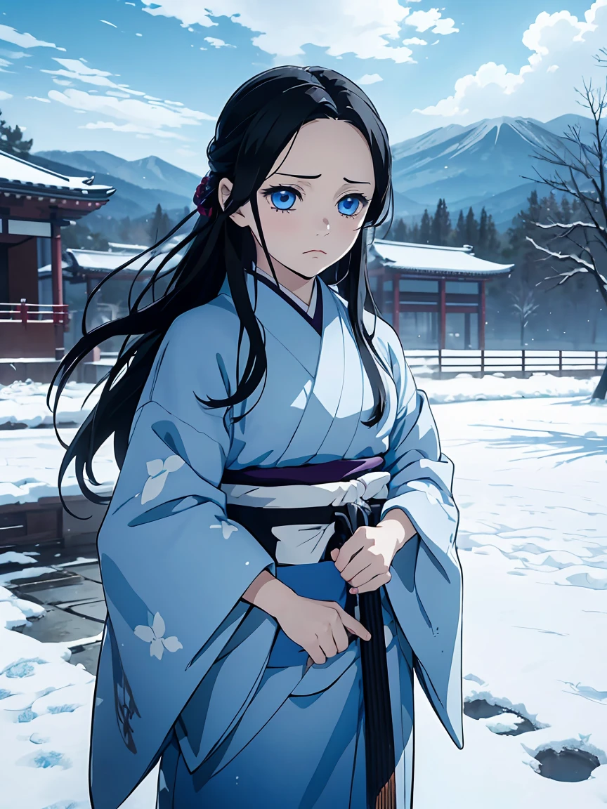 Kimetsu no yaiba style, 1girl,  girl, blue eyes, beautiful girl, black long straight hair, pillar demon slayer, 1 japanese sword, blue , dark and snowy background, face closed up, white kimono,  (japanese blue cloud pattern haori), sad face