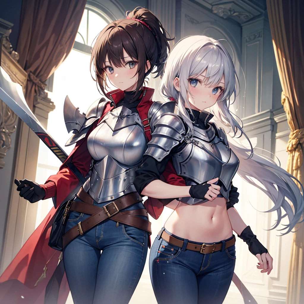 (two woman), A woman wearing jeans with a breastplate and long silver hair tied in a ponytail , and , A woman with short cut brown hair, sword and shield, brown imand, and hot pants.