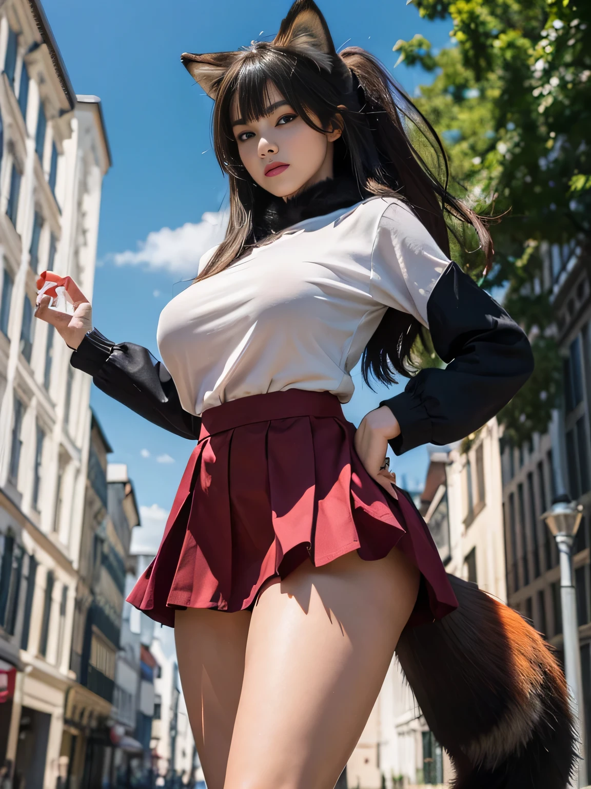 ((Highest quality, 8k)), ((masterpiece)), (Highest Resolution), Perfect Face, fox girl, high school girl, Beautiful woman, public, Has one tail, She has thick thighs, a large tail, She has a red fox tail, She wags her tail, Troubled face, fur collar, She wears a short skirt, Beautiful Hips , Big Breasts, The skirt is rolled up with a big tail