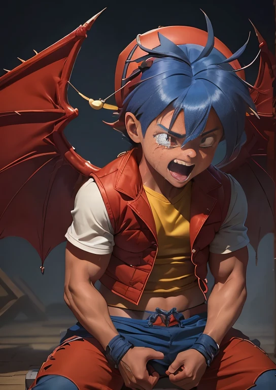 Huge muscles,cramped clothes,Young boy,,(((8-year-old boy)))Blue hat,Spiky Hair,Red vest,An innocent smile,Double teeth,Beyblade battle,Huge penis,Crying face,Anal Sex,rape,Body Harness,A lot of drool and sperm,Demon body and wings