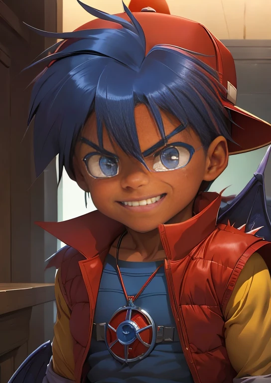 Huge muscles,cramped clothes, boy,,(((8-year-boy))ue hat,Spiky Hair,Red vest,An innocent smile,Double teeth,Beyblade battle,Huge penis,Crying face,Anal Sex,rape,Body Harness,A lot of drool and sperm,Demon body and wings