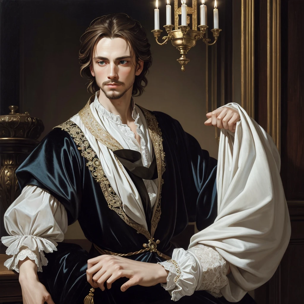 Portrait of Christopher Marlowe, white skin, piercing icy blue eyes, silky golden-brown hair, refined features, charp jawline, clean shaved, Elizabethan clothes, black Elizabethan velvet jerkin, white laced shirt, soft light, elegant, gently dangerous man, candlelight, chiaroscuro, masterpiece, oil painting, oil on canvas, Renaissance, Caravaggio style, realism, high quality