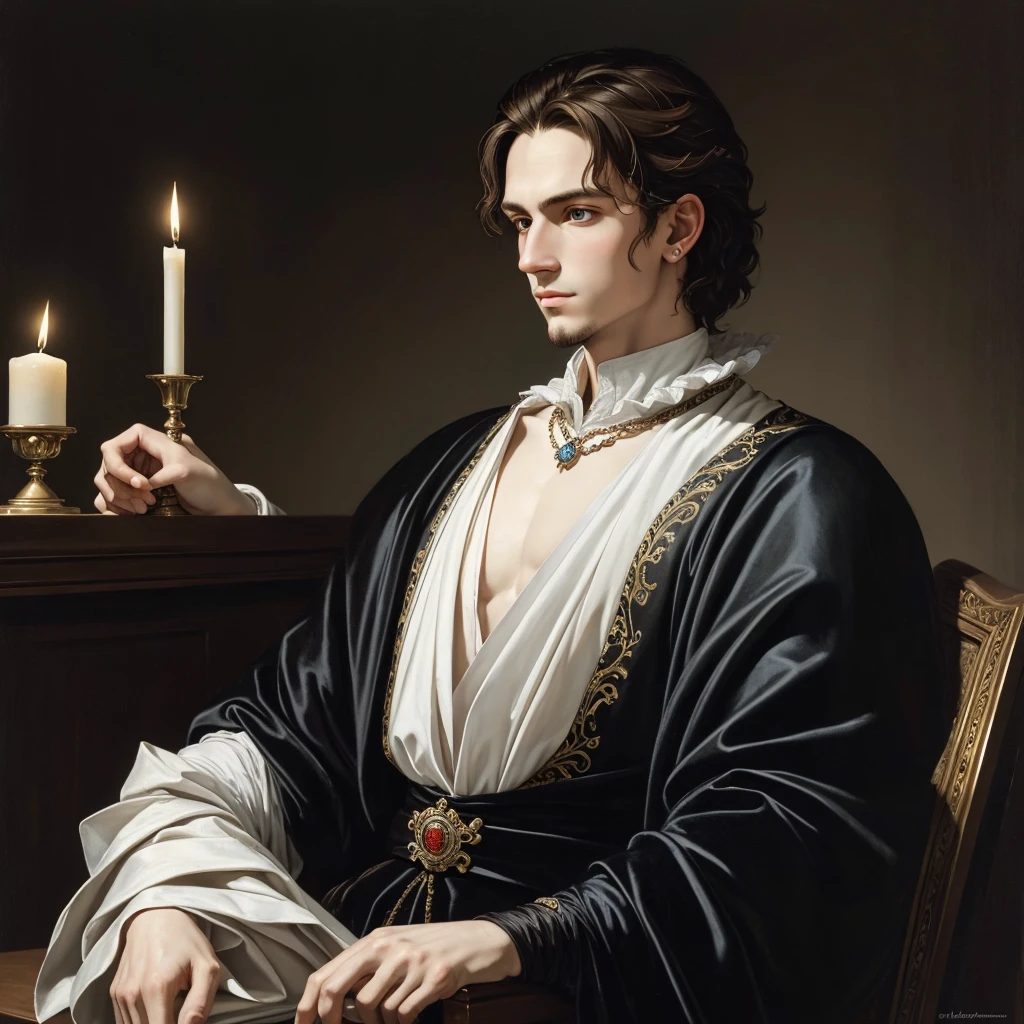 Portrait of Christopher Marlowe, white skin, piercing icy blue eyes, silky golden-brown hair, refined features, charp jawline, clean shaved, Elizabethan clothes, black Elizabethan velvet jerkin, white laced shirt, soft light, elegant, gently dangerous man, candlelight, chiaroscuro, masterpiece, oil painting, oil on canvas, Renaissance, Caravaggio style, realism, high quality