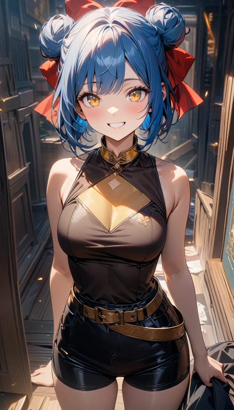 young girl, blue hair, bob hairstyle, bun, yellow eyes, smile, brown tight Chinese shirt, yellow collar, sleeveless, brown glowes, golden belt, black tight shorts, smile, red bow on chest, , big bow on back, Masterpiece, best quality, Full HD, 8k, ultra details, great graphic