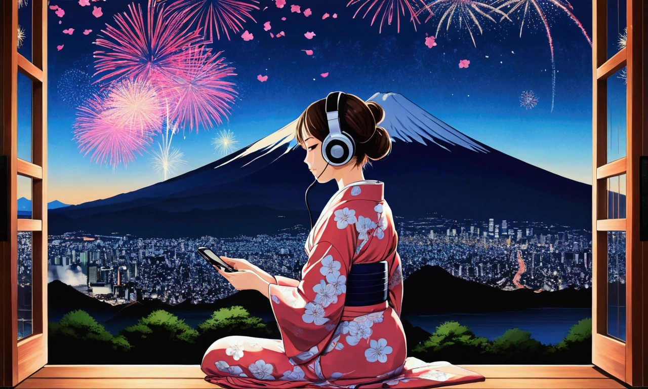 A girl wearing a yukata and listening to music with black headphones. Outside the large window, all you can see is Mount Fuji at night and fireworks. Anime style. The pattern on the yukata is cherry blossoms.