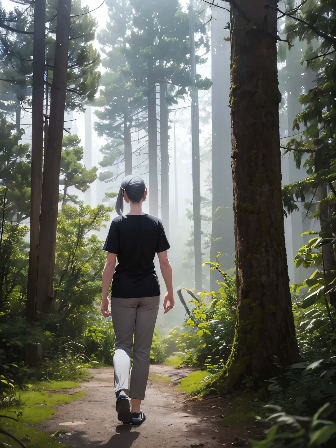 1old woman,white skin,50 years old,solo,Narrow eyes,grey hair, medium hair,ponytail,black t-shirt,grey trousers,,standing in forest, half body photo,Facing backwards, camera angle from behind, photo from behind, looking away 