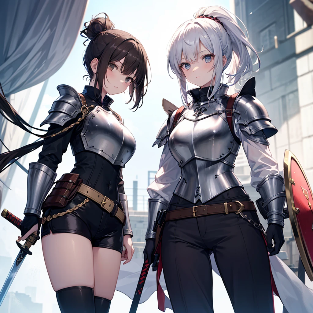 (two woman),A woman wearing black pants with a breastplate and long silver hair tied into a ponytail, and , A woman with short cut brown hair, sword and shield, brown imand, and black hot pants.