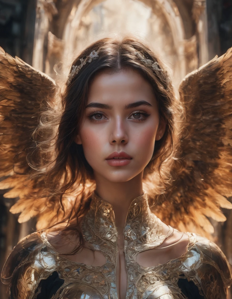photo realistic woman, woman brown eyes, brown hair, ultrahd, surrealistic style, angel, detailed face  