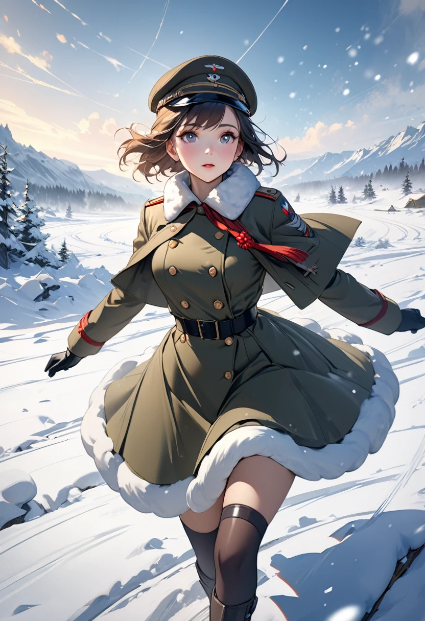 
Landscape paintings drawn with ultra-high resolution digital paintings,Depicting the winter battlefield scenery of World War II,A Extremely short style girl soldier from the former German army is walking alone through a snowy battlefield.A beautiful and fantastical depiction of a winter battlefield, with snowflakes dancing beautifully in front of the camera.High quality, high definition, (masterpiece, best quality, 4k, 8k:1.5) , ultra detail,Ultra-fine painting, movie-like scenery, fantastic riding,