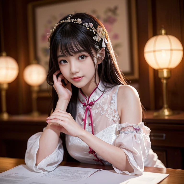 best quality, Delicate face,beautiful visual work, lifelike, eternity, black hair, Long curly hair, blunt bangs, Smile, 在flower园里, flower, Detailed Background, Delicate face,pink blush,cold,((masterpiece))、(top quality)、8k、high detail、Super detailed,21 years old female,Wearing Chinese cheongsam、Seductive and whimsical style、masterpiece、born、Scenes resembling fairy tale illustrations、intricate details和複雜的設計、Beautifully、magic、capricious、 Beautifully、Dream aesthetics、「𝓡𝓸𝓶𝓪𝓷𝓽𝓲𝓬、ethereal、charming、fickle、magic」、realism、Visual effects、FXAA、SSAO、Shader、voiceless、ambient lighting、Tone mapping、High resolution、Ultra high quality、Million pixels、(8K resolution:1.10)、8k、8k以下、8K resolution、high detail、intricate details, (high quality:1.2、masterpiece:1.2、:1.21)、(21 years old female:1.21)、(興奮地Smile)、(Surrounded by the dreamy atmosphere、Model diagram,full-body shot,Normal 2 feet,Don't show your fingers,The fan is unfolded under the chin