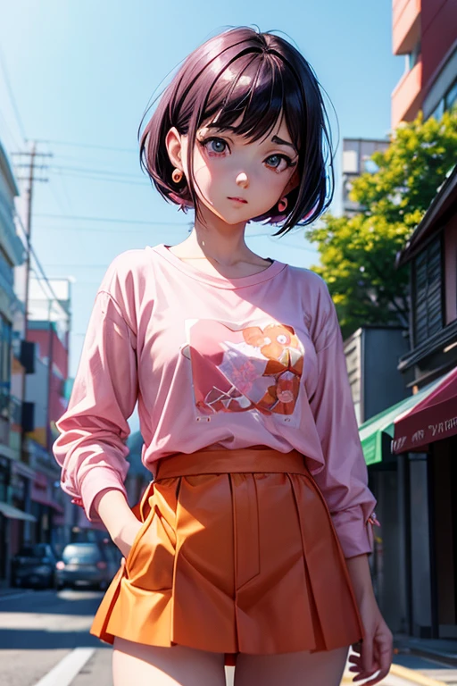 Anime girl with orange earrings and pink shirt posing for a photo, Ilya Kuvshinov. 4 thousand., digital art Ilya Kuvshinov, Ilya Kuvshinov style, art style : Ilya Kuvshinov, Ilya Kuvshinov landscape, anime style 4 thousand., breathtaking Ilya Kuvshinov, anime style. 8 K, digital anime illustration