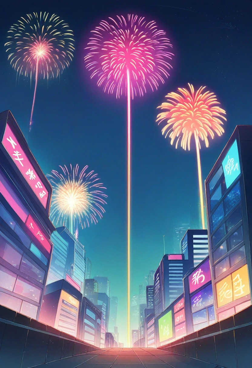 Fireworks in the sky、Bright cityscape with a full moon shining, Digital Art inspired by Hiroshi Nagai, Shutterstock Contest Winner, Digital Art, colorful city, Tokyo Background, Urban Background, Neon City in the background, Tokyo Mural, neo Tokyo Background, Vibrant city lights, Neon City, Neon megacity in the background, neon tokyo, Japanese city at night