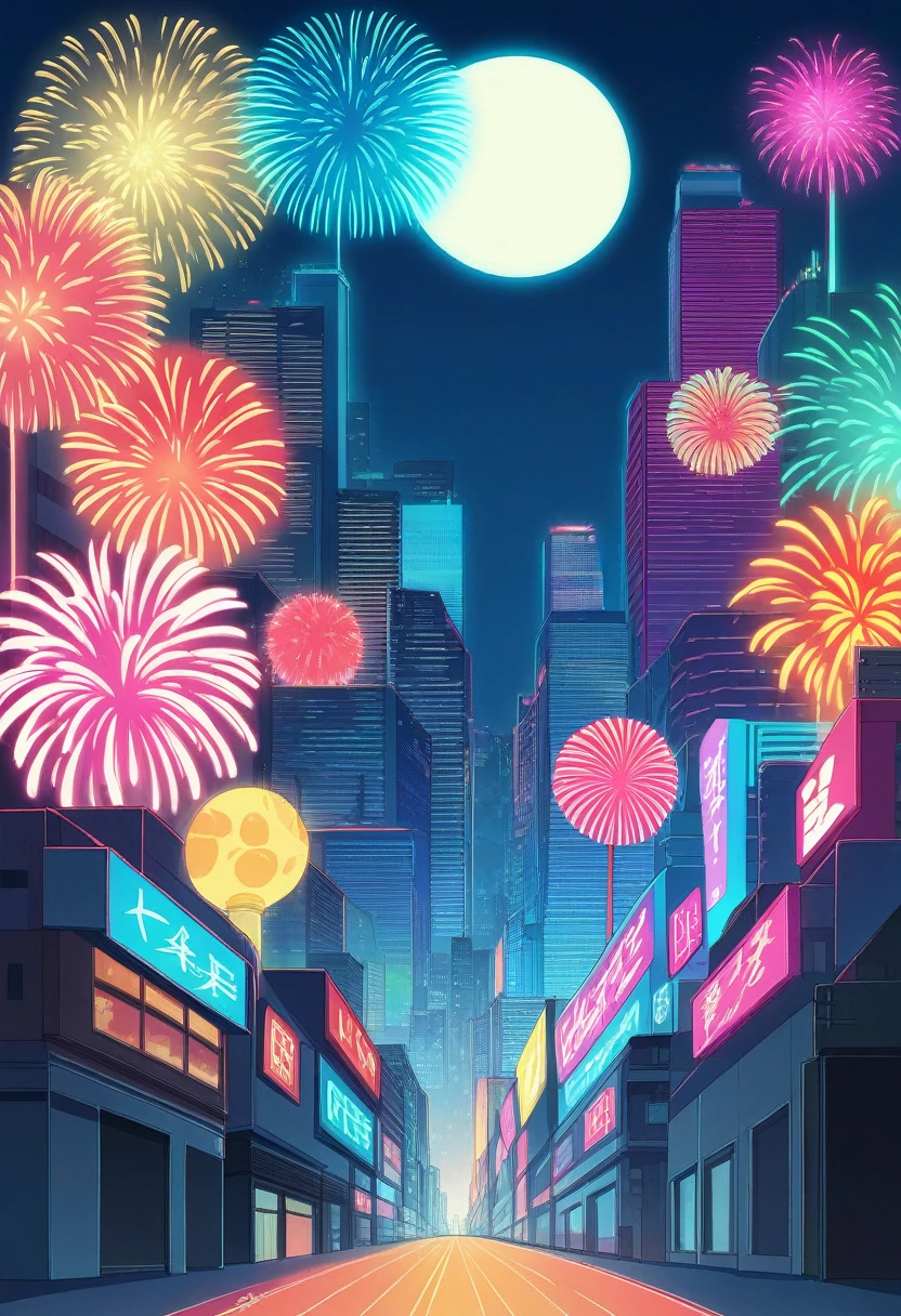 Fireworks in the sky、Bright cityscape with a full moon shining, Digital Art inspired by Hiroshi Nagai, Shutterstock Contest Winner, Digital Art, colorful city, Tokyo Background, Urban Background, Neon City in the background, Tokyo Mural, neo Tokyo Background, Vibrant city lights, Neon City, Neon megacity in the background, neon tokyo, Japanese city at night