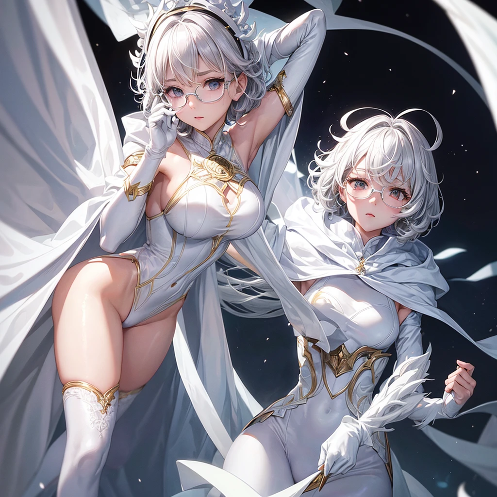 1 female、Silver Hair、Short Hair、Slightly curly hair、White leotard、White Cape、Wearing a white hood、Long gloves in white、White long boots、Gold bracelets on both hands、Wear protective glasses、Black trim on clothes、Fire effect、high resolution、high quality、masterpiece、detailed、