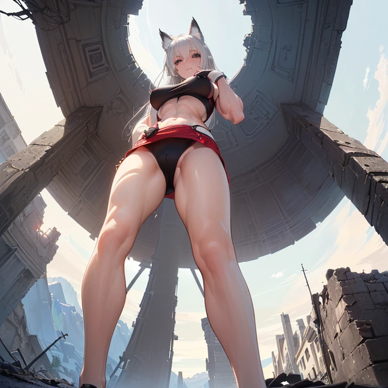 (8k, Realistic, RAW Photos, Highest quality, (from below:2),looking at the camera: 1.3), (Fox Girl, Fox Ears, Silver Hair, One Girl, Long Hair, (Alone on the screen, dark skin), High definition:1.6), (Bikini Armor:2), (Body measurements are 99-55-77!, Height: 145cm, Nice body, Big Breasts, slender, muscle, (Stand with your legs apart, I can see the valley):1.9),(美しいface, Delicate drawing, It is written down in detail), Avatar, face, 色っぽいface, Dominant representation, naughty face, Uplifting, Skin Texture, outside, ruins, Ruined City, Broken Building, There are no people