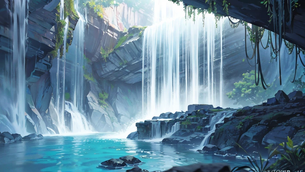 The cascading waterfall plummeted into a crystal-clear pool, creating a mesmerizing display of power and beauty、1 girl