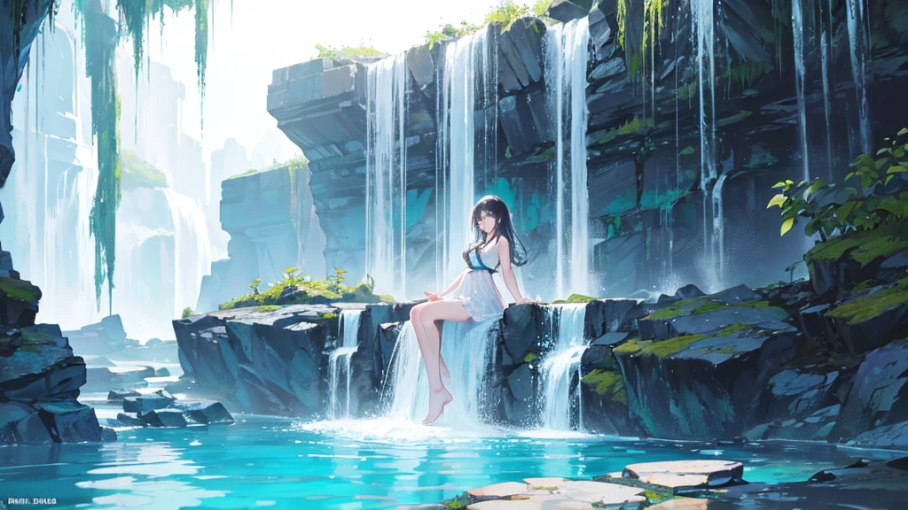 The cascading waterfall plummeted into a crystal-clear pool, creating a mesmerizing display of power and beauty、1 girl