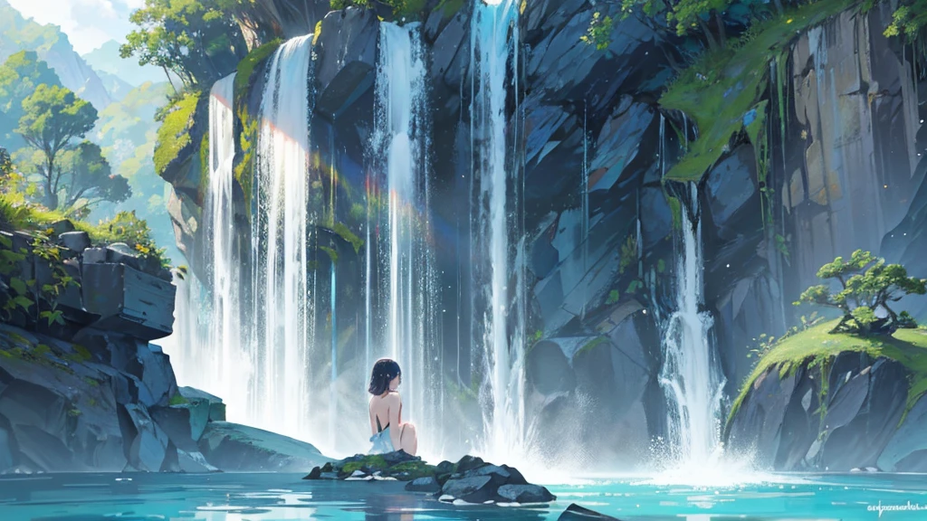 The cascading waterfall plummeted into a crystal-clear pool, creating a mesmerizing display of power and beauty、1 girl