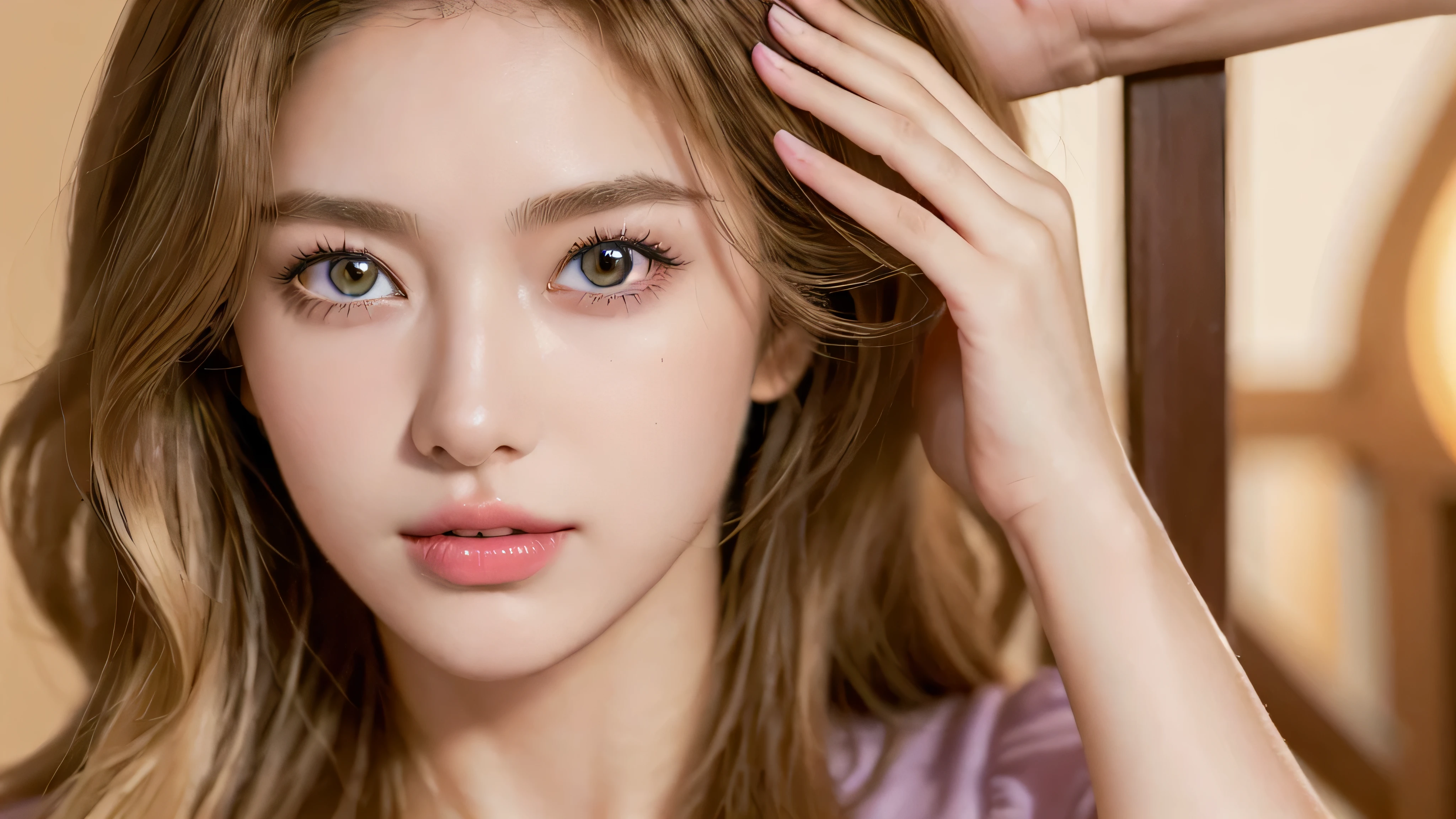 (masterpiece: 1.5, best quality, high resolution: 1.3, Super resolution, super detail, super detail: 1.3, Rich Background: 1.2), 1 girl, Alone, Portrait photo of a beautiful 28 year old girl in a modern style light purple dress, beautiful face makeup, Curly hair has just been dyed light blonde, light yellow lipstick, brown eyes