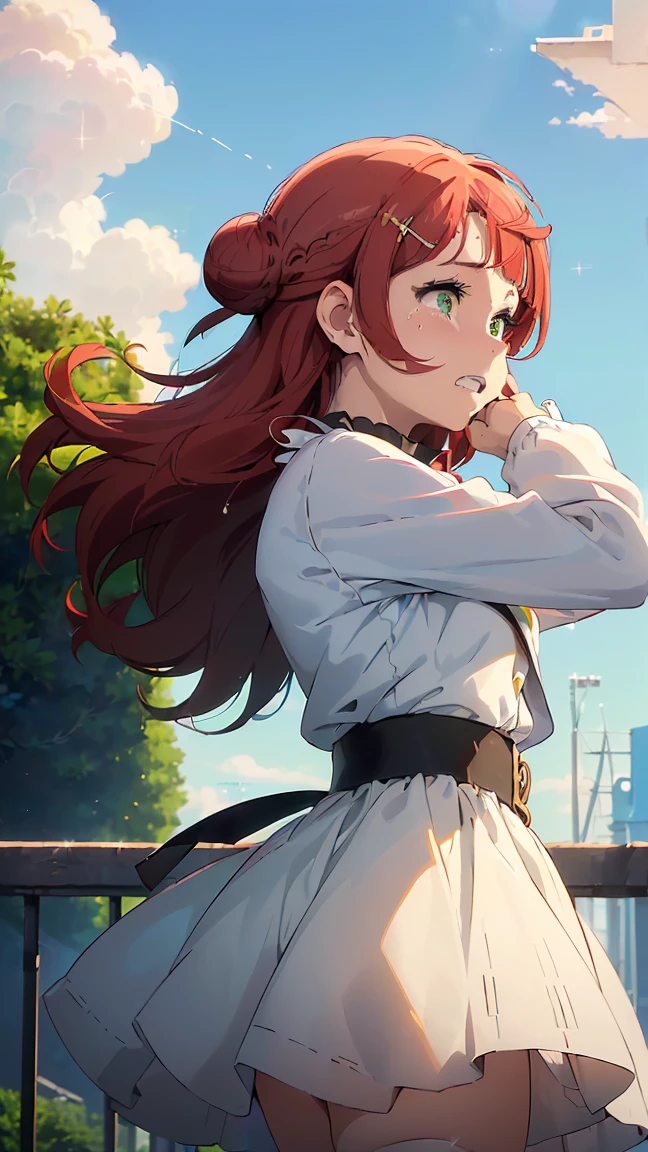 (((Looking away from the camera 1.3))),(((Profile 1.3))),(((Bust up from below 1.3))),(((Emotionless 1.3))),(((Straight face 1.3))),(8K, Raw, Best quality, Real 1.2), Ultra HD, High resolution, Best quality, Perfect face, Perfect limbs, Perfect fingers, High resolution, ---Uehara Ayumu, Bangs, Hair accessory, (Green eyes: 1.3), Yellow eyes, Red hair, Hair clip, Blunt bangs, Medium hair, Hair bun, Single hair bun, Half up, Hair pin, One side bun, Braided bun, Pure white skirt, Long sleeves, Uniform, Jacket, Red ribbon, Black jacket, Blazer, Nijigasaki Academy, --(Best shadow), (Absurd), Female, , ((Summer heat 1.5)), ((Humidity 1.5)), steam, shy, sweat, medium bust, ---(((blue summer sky))), (thunderclouds 1.2), (((few tears 1.3))), (hands raised), (((hands behind head), (crying red face 1.3)), ---(beautiful anime face, cute face, detailed face), small human hand, (((medium bust 1.3))), (((slender thighs 1.3))), (((well-kept seaside park in the city 1.5)), (((well-kept garden 1.4)), (((blue sky 1.4)), (((hair blowing in a strong wind 1. 4))), (( 1.5)), (( 1.5)), (( 1.5)), perfect anatomy, perfect proportions, nice lighting, bright colors, clean lines, information, blurred, stunning facial expression, gorgeous and cute, beautiful face and eyes with every detail, (masterpiece) beautiful face, young and handsome girl, really perfect skin, blurred, gorgeous and cute, beautiful face and eyes with every detail, (Audrey Hepburn), (cute), (J-Pop idol), (thighs, (depth of field), (depth of field), soft light, sparkling lens gaze, (droopy eyes), straight teeth, flowing hair, a scene from Blake's movie,