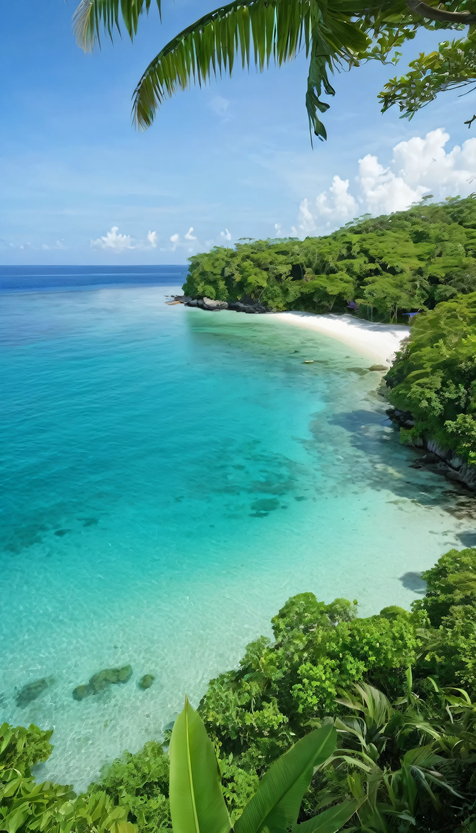 a clear sea water , wide spreading seaview at the background, greeny Tropical Jungle as the surrounding, white beach , small hut nearby the seashore 