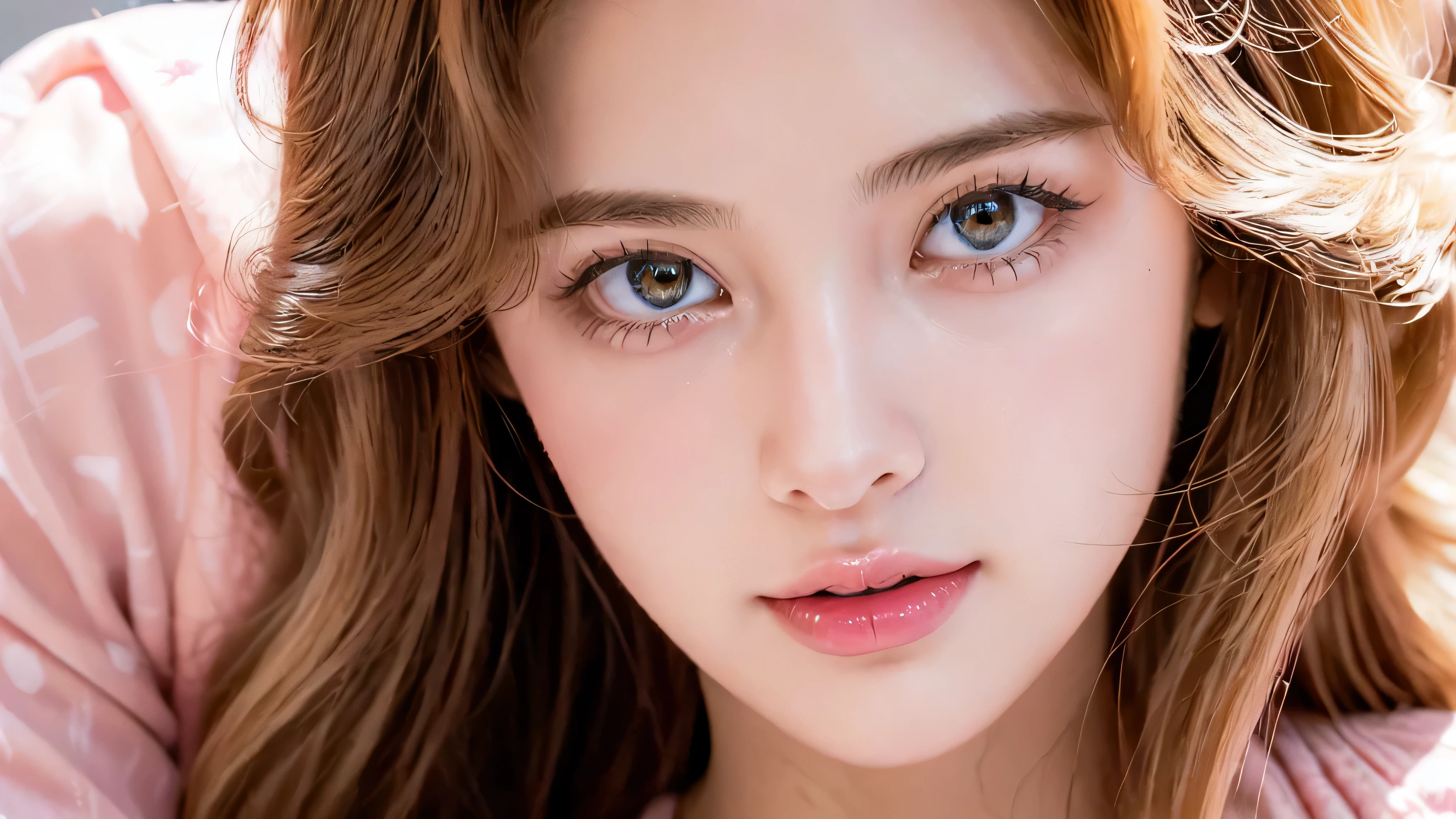 (Close-up of beautiful 26-year-old girl in classic pink dress: 1.2), stock photo film, camera f1. 6, saturated colors, lively, Patterns are lifelike, Impressive classic lighting, Modern style, sexy full body photo, Evening, Medium curly hair dyed light blonde