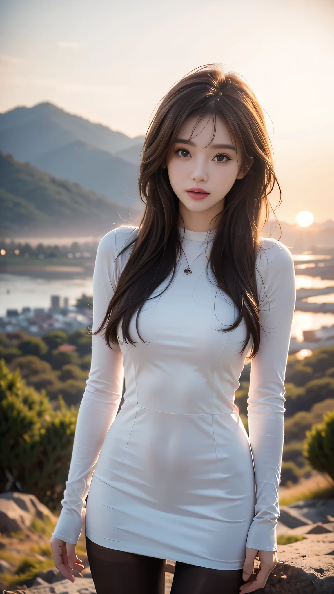 ulzzang-6500-v1.1, (RAW Photos:1.2), (Photorealistic), (Genuine:1.4), 1girl、Perfect Anatomy、18 years old、Looking at the camera、Medium Long Hair、dress, ((in the mountains at sunset :1.1))、(Ultra-realistic pantyhose:1.2), (Business services)、Asian Eyes Ella,