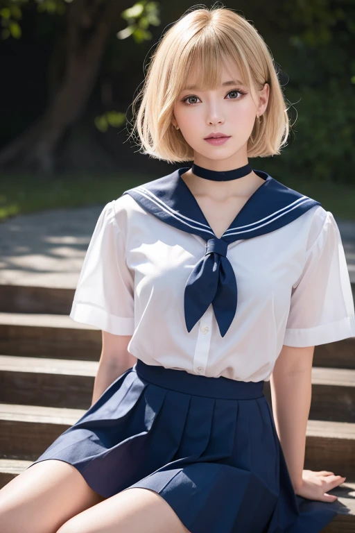 (Highest quality, High resolution, Realistic,8k,masterpiece, ),(Audience friendly)、Shoot from the front、Highest quality, masterpiece8k.High resolution. High resolutionabsurdres:1.2,Lens flare, (Bright colors:1.2), (delicate), (Sensual)、Japanese、blonde、short hair、Black choker、(navy sailor shirt)、blue sailor collar、navy pleated skirt,Full body photography