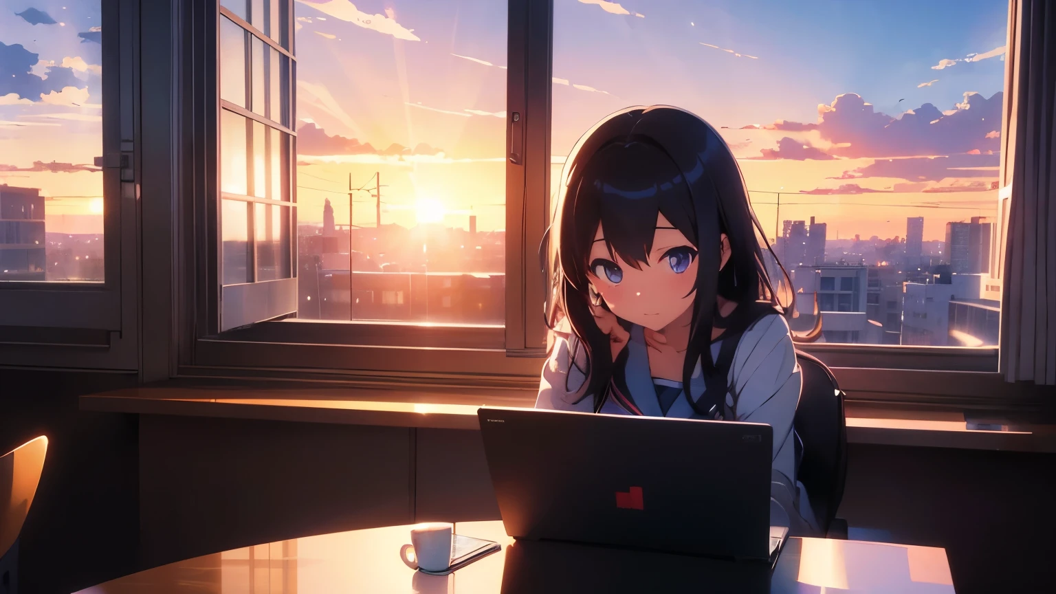 anime girl sitting at a desk with a laptop in front of a window, watching the sun set. anime, lofi girl, ilya kuvshinov landscape, 4k anime wallpaper, makoto shinkai cyril rolando, anime girl desktop background, tokyo anime scene, anime vibes, anime style 4 k, beautiful anime scene, anime wallpaper 4k