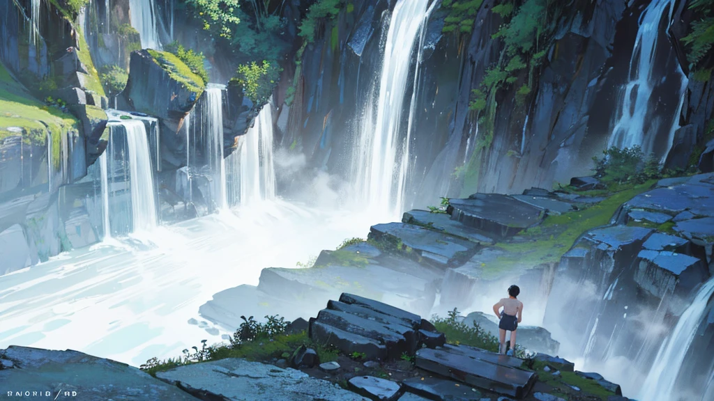 The cascading waterfall plummeted into a crystal-clear pool, creating a mesmerizing display of power and beauty、1 boy