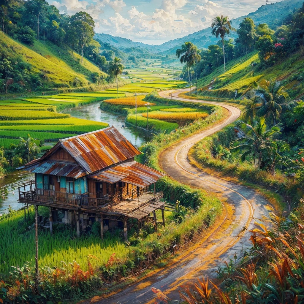 impressionist oil painting with impasto brush strokes, vibrant colors, On a highway for cars, the left side of the winding There is a paddy field in the flat area of Malaysia, On the right side of the tar road there is a village house with a rusty zinc roof, There is a wooden platform to sit on, there is a paddy field around the village house, There are coconut trees, Banana Tree, Weeds, Green hills, The sky and the clouds are clear