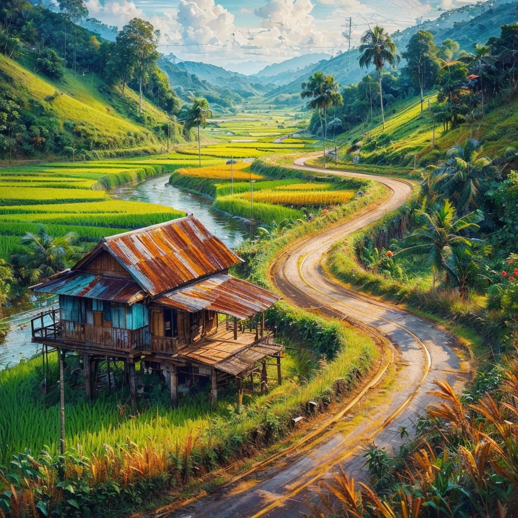impressionist oil painting with impasto brush strokes, vibrant colors, On a highway for cars, the left side of the winding There is a paddy field in the flat area of Malaysia, On the right side of the tar road there is a village house with a rusty zinc roof,  There is a wooden platform to sit on, there is a paddy field around the village house, There are coconut trees, Banana Tree, Weeds, Green hills, The sky and the clouds are clear