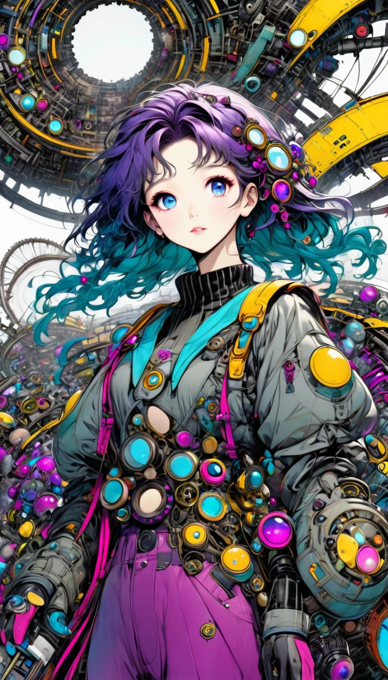 ((pay attention to the plan:1.5, General plan, all-body:1.5)), 1 beautiful girl in technical clothes, Mechanical spider, circles, fractals,(black outline art) by Yoshitaka Amano,Travis Charest. colors, land, Cyan, yellow, Unripe. magenta, violet, Cyan, High definition, image hypersharpness,(best qualityer:1.3, 32 mil,High definition:1.3, 4x ,ultra sharp, high resolution, proffesional) ,cinematographic, Fisheye photography:1.6,
