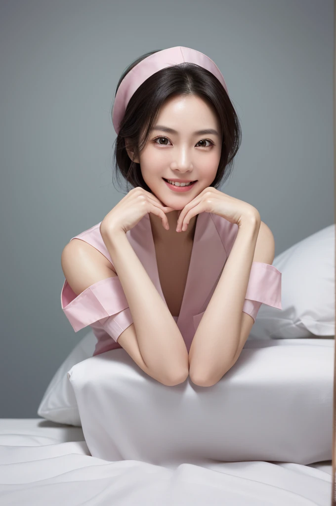 masterpiece,best quality,4k, (medium shot), 1girl, (hands under chin:1.4), smiling, wide smile, beautiful Japanese female nurse wearing pink Nurse uniform, beautiful detailed face, slim, black lob hair, brown eyes, pale skin, fair skin, realistic skin, detailed cloth texture, detailed hair texture, Perfect proportion, Beautiful Face, (perfect eyes), (detailed eyes), solid circle eyes, sparkling eyes, (clean eyes), accurate, Anatomically correct, Highly detailed face and skin texture , looking at viewer, modern hospital room, photorealistic,