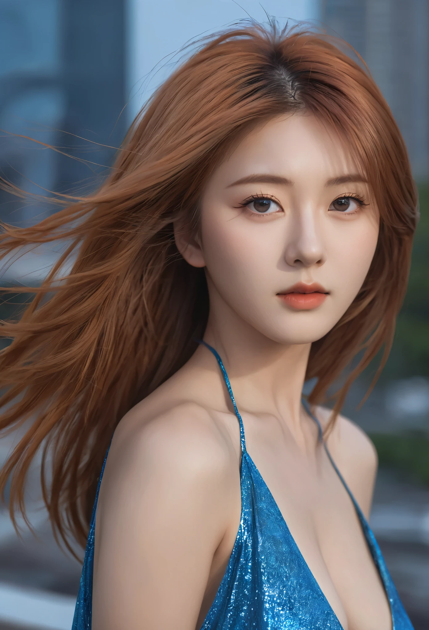 long windblown blue-caramel hair, looking at viewer, masterpiece, ((8k, photorealistic, RAW photo)), best quality, Indonesian, 1girl, beautiful face, realistic face, caramel hair, short hair, beautiful hairstyle, realistic eyes, beautiful detailed eyes, realistic skin, beautiful skin, attractive, ultra high res, ultra realistic, highly detailed, golden ratio, standing, front view, open stance, model posing, upper body, ((huge breasts)), concentrated expression, exposed breast shape, exposed breasts cleavage, night rooftop, city view, ultra detailed, hyper sharp, sharp focus, K-pop idol, J-pop idol, Italian woman, portraits, anime style, vibrant colors, bokeh lighting, ((Stretch out the breasts of the miniset)), upon body from head to thigh