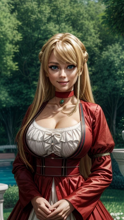 (day),a table with a tea cup,tree, forest, garden, grass,
Standing at attention,
red shirt ,puffy short sleeves,red choker, red jacket,cleavage, collarbone,
jewelry, necklace,
blonde hair, blue eyes, braid, bangs, hair between eyes, long hair,
1 girl, 20yo,Young female,Beautiful Finger,Beautiful long legs,Beautiful body,Beautiful Nose,Beautiful character design, perfect eyes, perfect face,expressive eyes,perfect balance,
looking at viewer,(Focus on her face),closed mouth, (innocent_big_eyes:1.0),Light_Smile,
official art,extremely detailed CG unity 8k wallpaper, perfect lighting,Colorful, Bright_Front_face_Lighting,shiny skin, 
(masterpiece:1.0),(best_quality:1.0), ultra high res,4K,ultra-detailed,
photography, 8K, HDR, highres, absurdres:1.2, Kodak portra 400, film grain, blurry background, bokeh:1.2, lens flare, (vibrant_color:1.2),professional photograph, 
(Beautiful,large_Breasts:1.4), (beautiful_face:1.5),(narrow_waist),