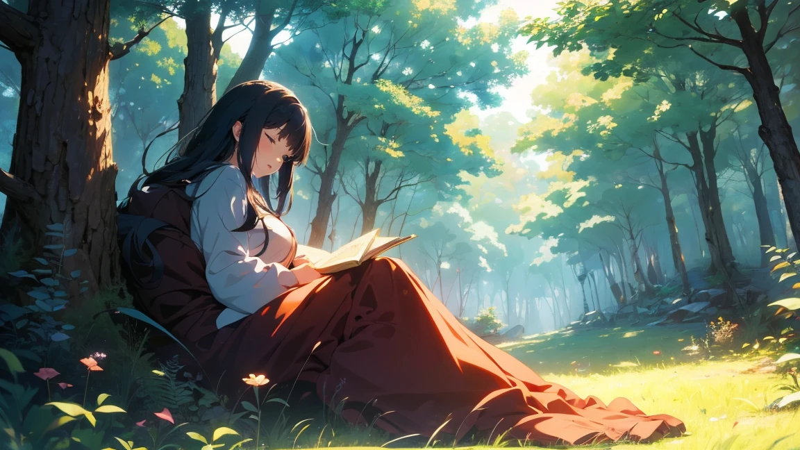 (4K images:1.3),Anime-like image,High resolution,Very beautiful illustration,A fantastic atmosphere,Beautiful girl sleeping in the forest,Fairy,Ghibli-inspired design,Her hair color is orange.