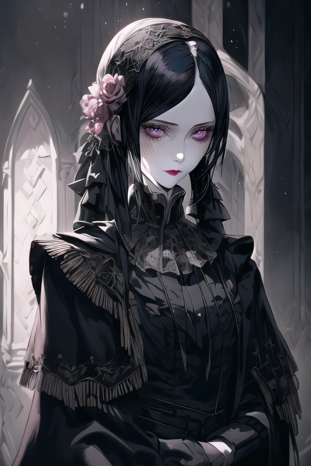 1porcelain doll, long black hair, detailed face, (emotionless), (cold), (souless), pale white skin, pink eyes, ((detailed eyes)), long eyelashes, black eye liner, red lipstick, black dress, moonlight, hard lighting, blue light, medieval theme, (dark fantasy theme), (masterpiece:1.3), super detailed, best quality, POV