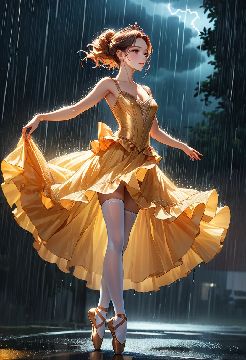 a portrait of female classical ballet prima ballerina dancing in the rain, a full body picture ((anatomically correct: 1.5)) of a exquisite beautiful female dancer wearing silk evening dress, intricate dress dynamic hair color, dynamic hair style, dynamic skin complexion, wearing ballet shoes, wearing thigh highs, ((she is standing in the middle of the rain storm: 1.5)),  she is wet, yet enjoys the dance in the rain, cloudy night, lightning storm, dynamic background, vibrant, Ultra-high resolution, High Contrast, (masterpiece:1.5), highest quality, Best aesthetics), best details, best quality, highres, 16k, (ultra detailed: 1.5), masterpiece, best quality, (extremely detailed) RAW, (ultra details, Masterpiece, best quality), Cinematic Hollywood Film, artxldnc, phoenix dress, 