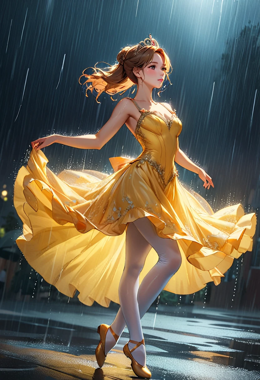 a portrait of female classical ballet prima ballerina dancing in the rain, a full body picture ((anatomically correct: 1.5)) of a exquisite beautiful female dancer wearing silk evening dress, intricate dress dynamic hair color, dynamic hair style, dynamic skin complexion, wearing ballet shoes, wearing thigh highs, ((she is standing in the middle of the rain storm: 1.5)), she is wet, yet enjoys the dance in the rain, cloudy night, lightning storm, dynamic background, vibrant, Ultra-high resolution, High Contrast, (masterpiece:1.5), highest quality, Best aesthetics), best details, best quality, highres, 16k, (ultra detailed: 1.5), masterpiece, best quality, (extremely detailed) RAW, (ultra details, Masterpiece, best quality), Cinematic Hollywood Film, artxldnc, princess dress