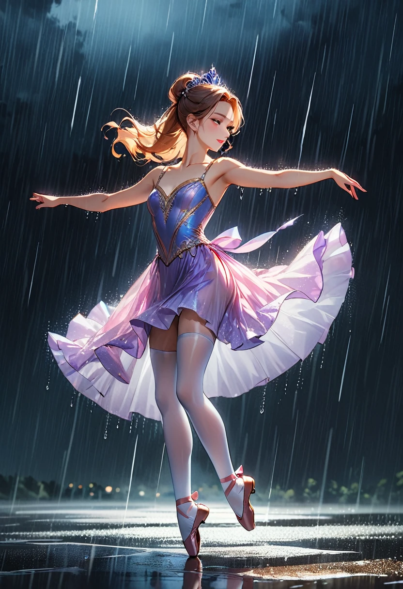 a portrait of female classical ballet prima ballerina dancing in the rain, a full body picture ((anatomically correct: 1.5)) of a exquisite beautiful female dancer wearing silk evening dress, intricate dress dynamic hair color, dynamic hair style, dynamic skin complexion, wearing ballet shoes, wearing thigh highs, ((she is standing in the middle of the rain storm: 1.5)),  she is wet, yet enjoys the dance in the rain, cloudy night, lightning storm, dynamic background, vibrant, Ultra-high resolution, High Contrast, (masterpiece:1.5), highest quality, Best aesthetics), best details, best quality, highres, 16k, (ultra detailed: 1.5), masterpiece, best quality, (extremely detailed) RAW, (ultra details, Masterpiece, best quality), Cinematic Hollywood Film, artxldnc, princess dress