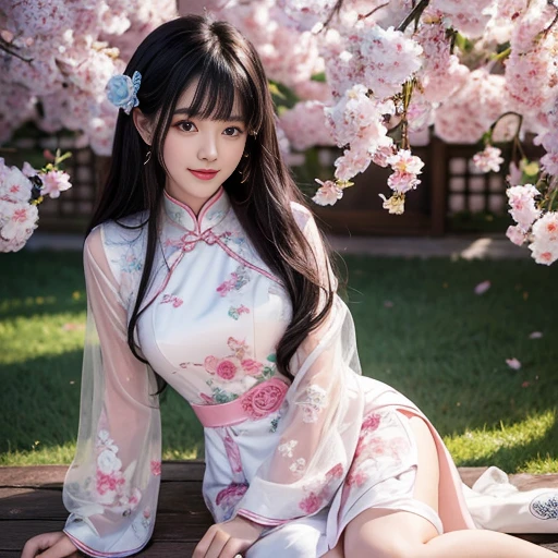 best quality, Delicate face,beautiful visual work, lifelike, eternity, black hair, Long curly hair, blunt bangs, Smile, 在flower园里, flower, Detailed Background, Delicate face,pink blush,cold,((masterpiece))、(top quality)、8k、high detail、Super detailed,21 years old female,Wearing Chinese cheongsam、Seductive and whimsical style、masterpiece、born、Scenes resembling fairy tale illustrations、intricate details和複雜的設計、Beautifully、magic、capricious、 Beautifully、Dream aesthetics、「𝓡𝓸𝓶𝓪𝓷𝓽𝓲𝓬、ethereal、charming、fickle、magic」、realism、Visual effects、FXAA、SSAO、Shader、voiceless、ambient lighting、Tone mapping、High resolution、Ultra high quality、Million pixels、(8K resolution:1.10)、8k、8k以下、8K resolution、high detail、intricate details, (high quality:1.2、masterpiece:1.2、:1.21)、(21 years old female:1.21)、(興奮地Smile)、(Surrounded by the dreamy atmosphere、Model diagram,full-body shot,Normal 2 feet,Don't show your fingers,The fan is unfolded under the chin