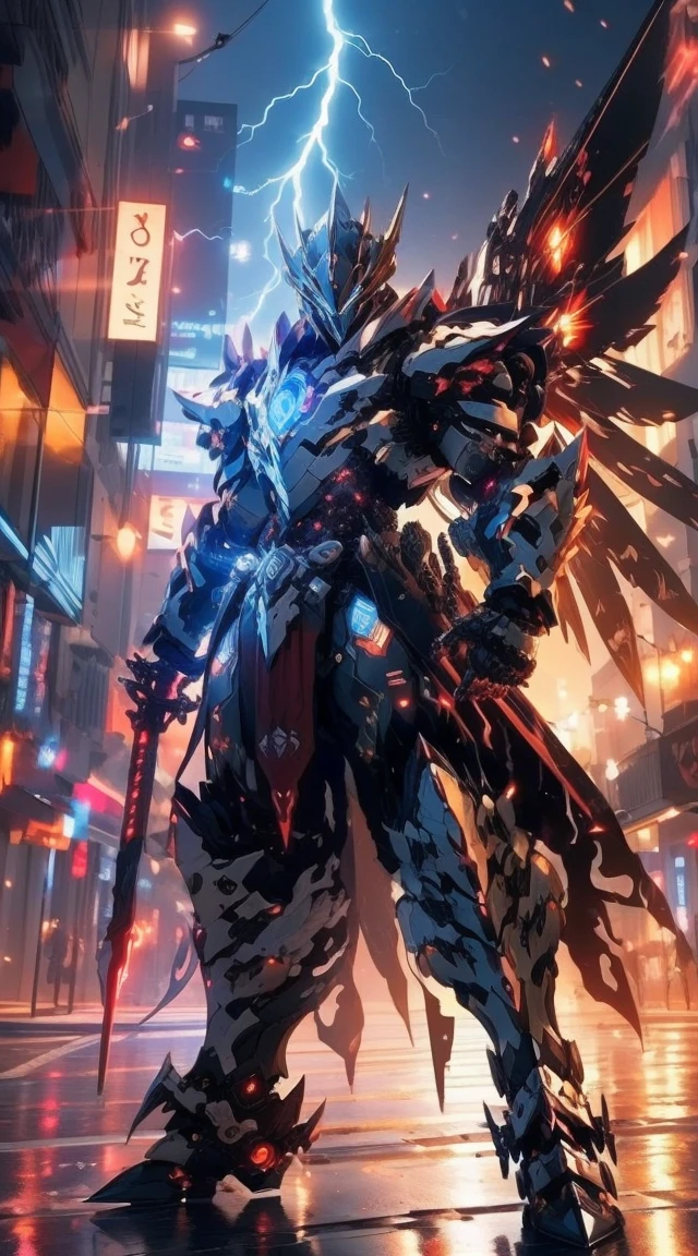 Armored Ninja, red light, Black and red, masterpiece, male, Highly detailed CG unified 8K wallpaper, 8k ultra high definition, DSLR camera, high quality, Clean, Optimal lighting, God in purple armor, glowing eyes, cinematic, Lightning Wings, Ultra-high resolution, Ultra-high detail, HD, Shadow poetry style has the power of lightning