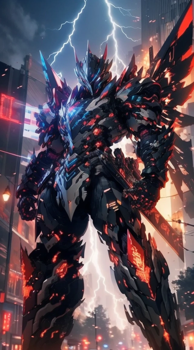 Armored Ninja, red light, Black and red, masterpiece, male, Highly detailed CG unified 8K wallpaper, 8k ultra high definition, DSLR camera, high quality, Clean, Optimal lighting, God in purple armor, glowing eyes, cinematic, Lightning Wings, Ultra-high resolution, Ultra-high detail, HD, Shadow poetry style has the power of lightning