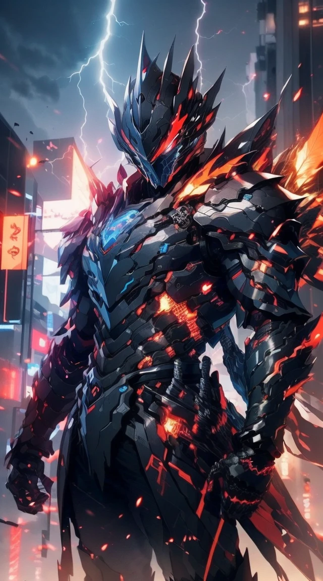 Armored Ninja, red light, Black and red, masterpiece, male, Highly detailed CG unified 8K wallpaper, 8k ultra high definition, DSLR camera, high quality, Clean, Optimal lighting, God in purple armor, glowing eyes, cinematic, Lightning Wings, Ultra-high resolution, Ultra-high detail, HD, Shadow poetry style has the power of lightning