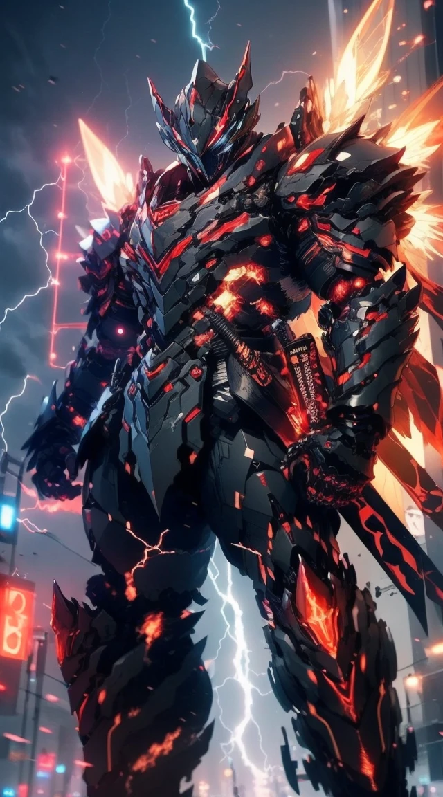 Armored Ninja, red light, Black and red, masterpiece, male, Highly detailed CG unified 8K wallpaper, 8k ultra high definition, DSLR camera, high quality, Clean, Optimal lighting, God in purple armor, glowing eyes, cinematic, Lightning Wings, Ultra-high resolution, Ultra-high detail, HD, Shadow poetry style has the power of lightning